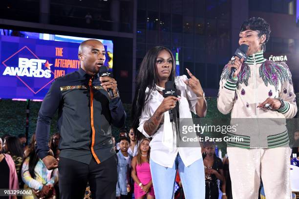 Charlamagne tha God, Jess Hilarious, and Tami Roman attend the After Party Live, sponsored by Ciroc, at the 2018 BET Awards Post Show at Microsoft...