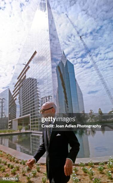 Architect Phillip Johnson outside of his newly constructed Crystal Cathedral in 1980 in Garden Grove, California.