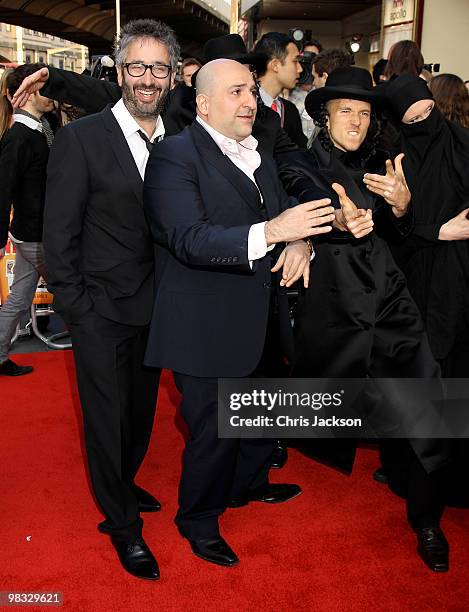 Actors David Baddiel and Omid Djalili arrive at the world premiere gala screening of The Infidel held at the Hammersmith Apollo on April 8, 2010 in...