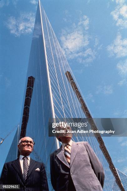 Architect Phillip Johnson and Robert Schuller outside of the newly constructed Crystal Cathedral in 1980 in Garden Grove, California.