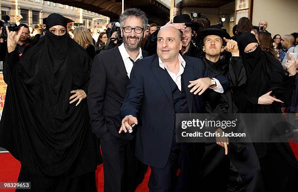 Actors David Baddiel and Omid Djalili arrive at the world premiere gala screening of The Infidel held at the Hammersmith Apollo on April 8, 2010 in...