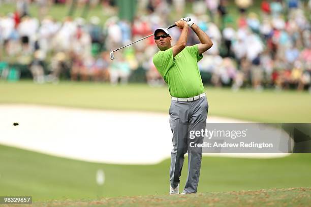 Stewart Cink plays his second shot on the first hole during the first round of the 2010 Masters Tournament at Augusta National Golf Club on April 8,...