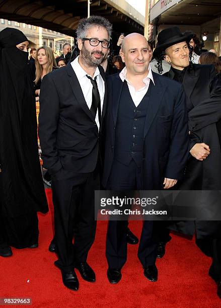 Actors David Baddiel and Omid Djalili arrive at the world premiere gala screening of The Infidel held at the Hammersmith Apollo on April 8, 2010 in...