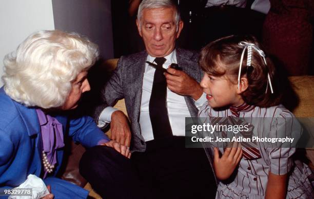 Aaron and daughter Tori Spelling chat with actress Barbara Stanwyck as they attend a private showing of "The Dynasty Collection" on Sept 19, 1987 in...