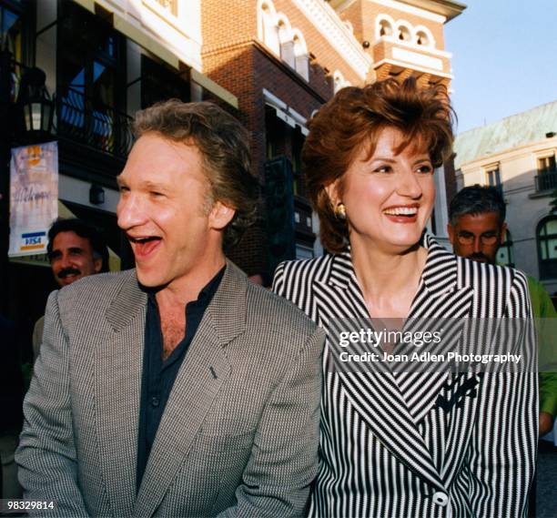 Bill Maher and Ariana Huffington pose for a photo on June 2, 1998 in Beverly Hills, California.