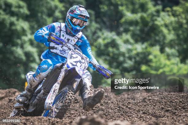 Aaron Plessinger races around a corner on his Yamaha YZ 250F during the Lucas Oil Pro Motocross - High Point National race on June 16, 2018 at High...