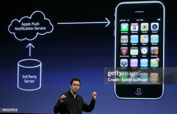 Apple Senior Vice President of iPhone Software Scott Forstall speaks during an Apple special event April 8, 2010 in Cupertino, California. Apple CEO...