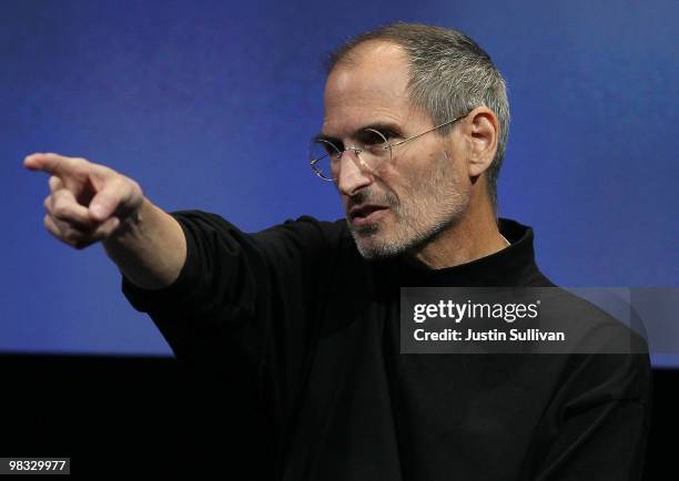 Apple CEO Steve Jobs points during a Q & A session during an Apple special event April 8, 2010 in Cupertino, California. Jobs announced the new...