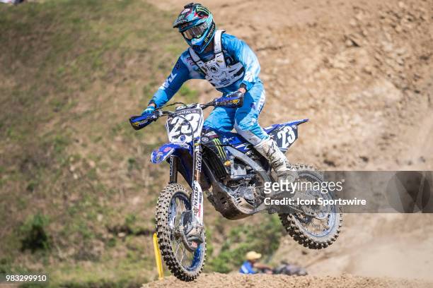 Aaron Plessinger flies uphill on his Yamaha YZ 250F during the Lucas Oil Pro Motocross - High Point National race on June 16, 2018 at High Point...