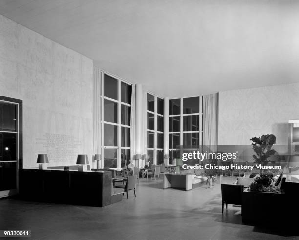 Interior view of the lounge at the Burlington railroad station, Iowa, 1944.