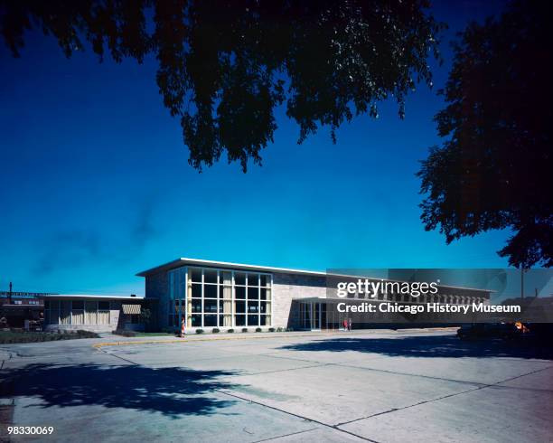 Exterior, perspectival view of the Burlington railroad station, Iowa, 1944.