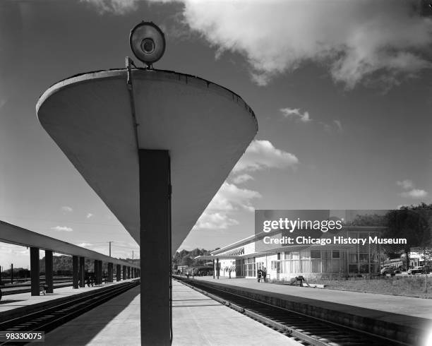 View of the platform, between tracks, at the Burlington railroad station, Iowa, 1944.