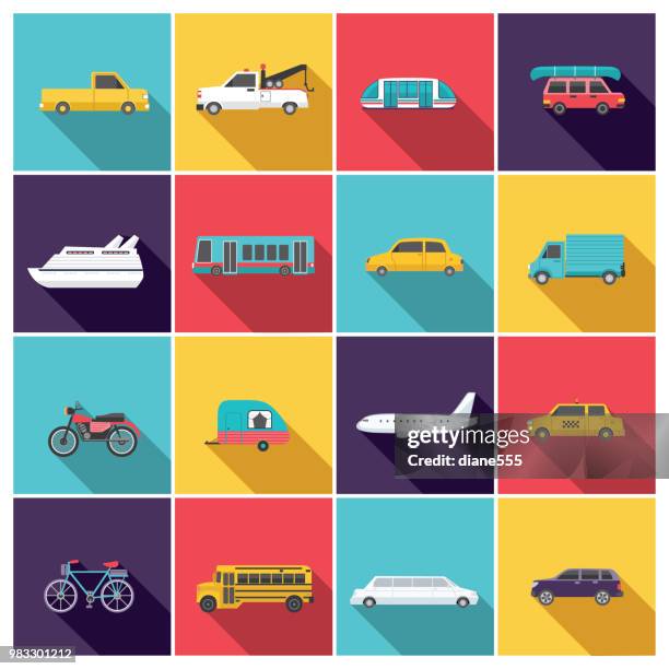 ilustraciones, imágenes clip art, dibujos animados e iconos de stock de conjunto de iconos de transporte en el estilo de diseño plano - autobús