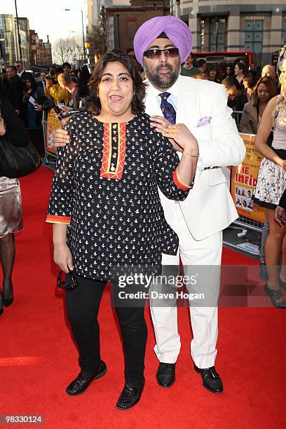 Gurinder Chadha and Hardeep Singh Kohli arrive at the world premiere gala screening of The Infidel held at the Hammersmith Apollo on April 8, 2010 in...