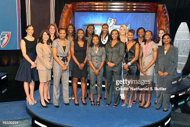 Alysha Clark, Kelsey Griffin, Chanel Mokango, Tina Charles, Jacinta Monroe, Jayne Appel, Amanda Thompson, Alison Lacey; WNBA Commissioner Donna...