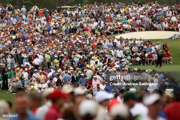 Tiger Woods hits his tee shot on the third hole during the first round of the 2010 Masters Tournament at Augusta National Golf Club on April 8, 2010...