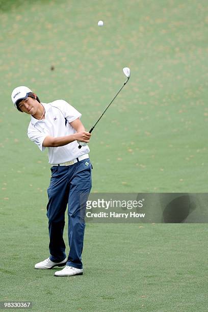 Amateur Chang-won Han of Korea hits a shot on the second hole during the first round of the 2010 Masters Tournament at Augusta National Golf Club on...