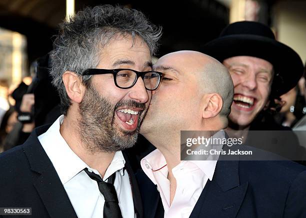 Actors David Baddiel and Omid Djalili arrive at the world premiere gala screening of The Infidel held at the Hammersmith Apollo on April 8, 2010 in...