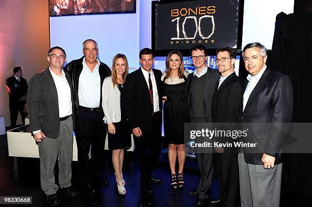 Creator/executive producer Hart Hanson, Fox TV co-chairmen Gary Newman and Dana Walden, actor David Boreanaz, actress Emily Deschanel, Fox...