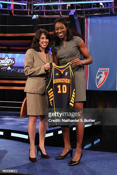 Commissioner Donna Orender poses with Tina Charles after being drafted number one overall by the Connecticut Sun during the 2010 WNBA Draft on April...