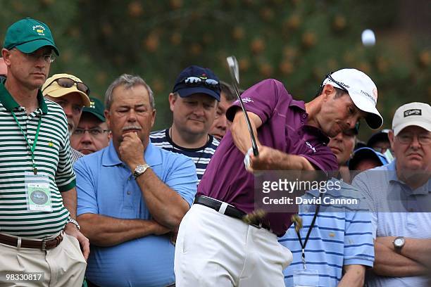 Mike Weir of Canada hits a shot on the 17th hole during the first round of the 2010 Masters Tournament at Augusta National Golf Club on April 8, 2010...