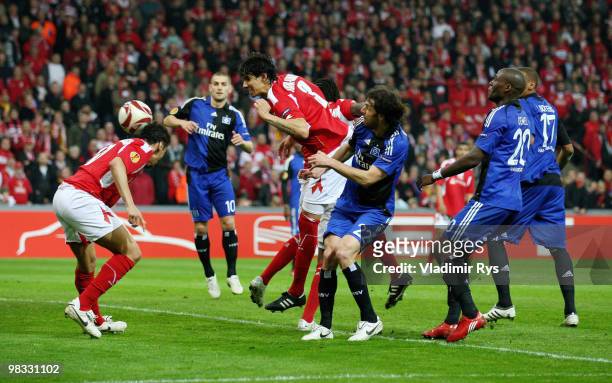 Igor de Camargo of Liege scores his team's first goal during the UEFA Europa League quarter final second leg match between Standard Liege and...