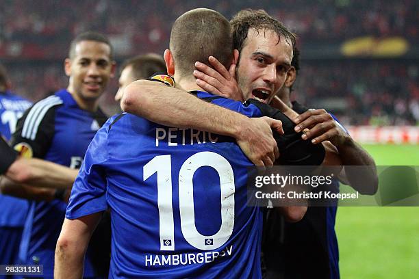 Mladen Petric of Hamburg celebrates the second goal with Joris Mathijsen of Hamburg during the UEFA Europa League quarter final second leg match...