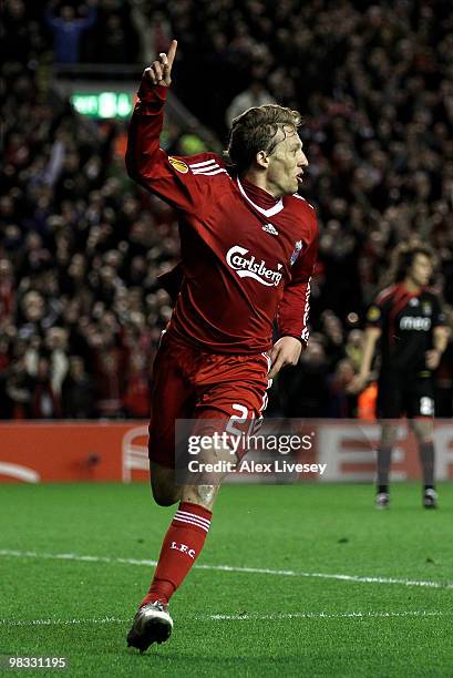 Lucas of Liverpool celebrates scoring his team's second goal during the UEFA Europa League Quarter Final second leg match between Liverpool and...