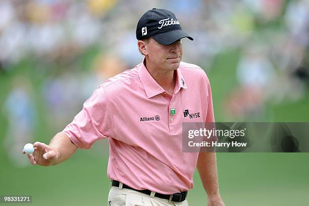 Steve Stricker waves to the gallery on the sixth green during the first round of the 2010 Masters Tournament at Augusta National Golf Club on April...