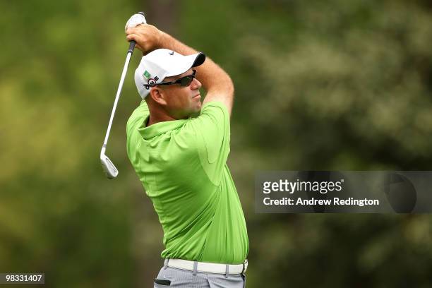 Stewart Cink watches a shot on the fifth hole during the first round of the 2010 Masters Tournament at Augusta National Golf Club on April 8, 2010 in...