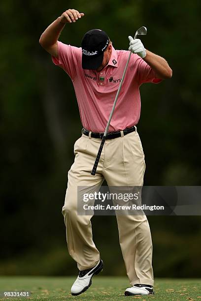 Steve Stricker reacts to a poor shot on the fifth hole during the first round of the 2010 Masters Tournament at Augusta National Golf Club on April...