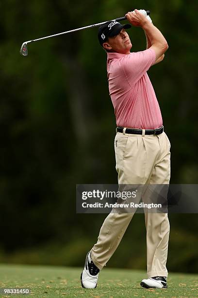 Steve Stricker hits a shot on the fifth hole during the first round of the 2010 Masters Tournament at Augusta National Golf Club on April 8, 2010 in...