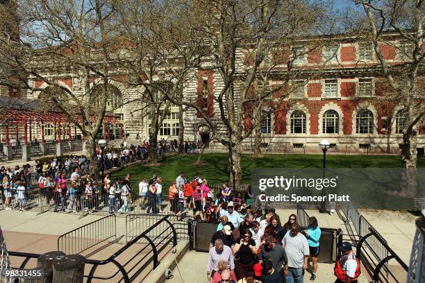 Visitors to Ellis Island board a boat back to New York City on April 8, 2010 in New York, New York. The nonprofit in charge of restoring Ellis...