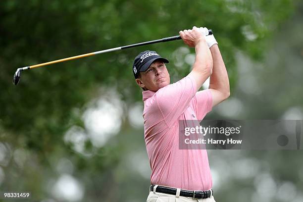 Steve Stricker hits a shot on the fourth hole during the first round of the 2010 Masters Tournament at Augusta National Golf Club on April 8, 2010 in...