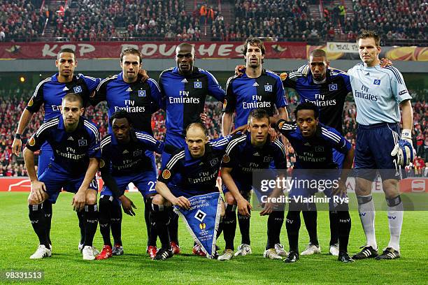 Team Hamburg poses for a photo ahead of the UEFA Europa League quarter final second leg match between Standard Liege and Hamburger SV at Maurice...