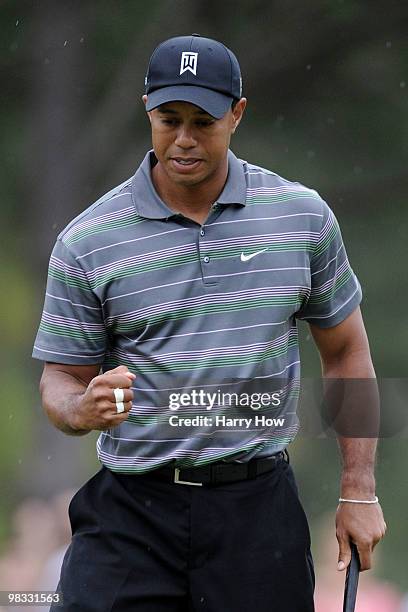 Tiger Woods celebrates making eagle on the eighth hole during the first round of the 2010 Masters Tournament at Augusta National Golf Club on April...