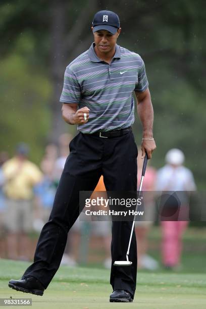 Tiger Woods celebrates making eagle on the eighth hole during the first round of the 2010 Masters Tournament at Augusta National Golf Club on April...
