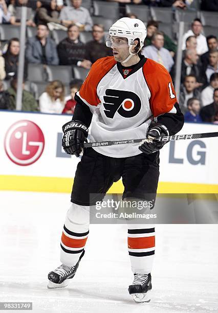 Jeff Carter of the Philadelphia Flyers skates up the ice during an NHL game against the Toronto Maple Leafs at the Air Canada Centre on April 6, 2010...