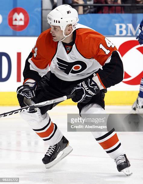 Ian Laperriere of the Philadelphia Flyers skates up the ice during an NHL game against the Toronto Maple Leafs at the Air Canada Centre on April 6,...