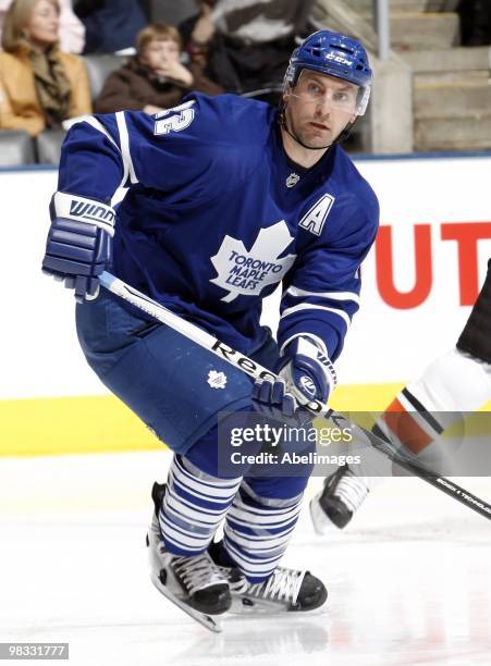 Francois Beauchemin of the Toronto Maple Leafs skates up the ice during a NHL game against the Philadelphia Flyers at the Air Canada Centre on April...