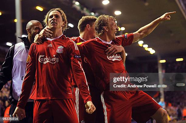 Fernando Torres of Liverpool celebrates after scoring the third during the quarter final second leg UEFA Europa League match between Liverpool and...