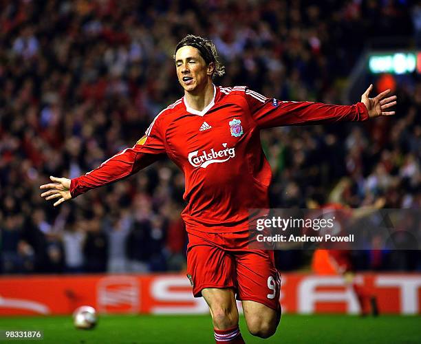 Fernando Torres of Liverpool celebrates after scoring the third during the quarter final second leg UEFA Europa League match between Liverpool and...