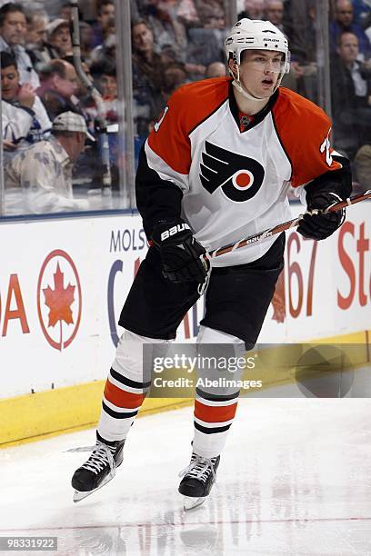 James van Riemsdyk of the Philadelphia Flyers skates up the ice during an NHL game against the Toronto Maple Leafs at the Air Canada Centre on April...