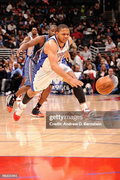 Eric Gordon of the Los Angeles Clippers chases down a loose ball during the game against the Charlotte Bobcats on February 22, 2010 at Staples Center...