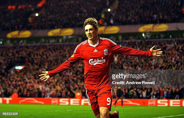 Fernando Torres of Liverpool celebrates after scoring the fourth goal during the quarter final second leg UEFA Europa League match between Liverpool...