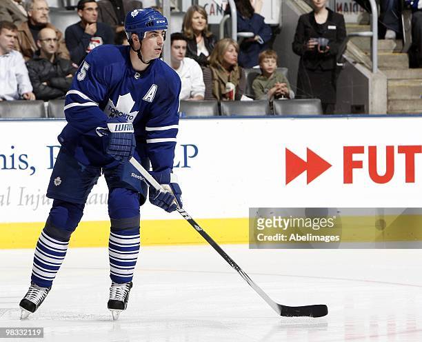 Tomas Kaberle of the Toronto Maple Leafs skates up the ice during an NHL game against the Philadelphia Flyers at the Air Canada Centre on April 6,...