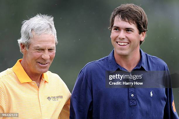 Ben Crenshaw and amateur Ben Martin walk together during the first round of the 2010 Masters Tournament at Augusta National Golf Club on April 8,...