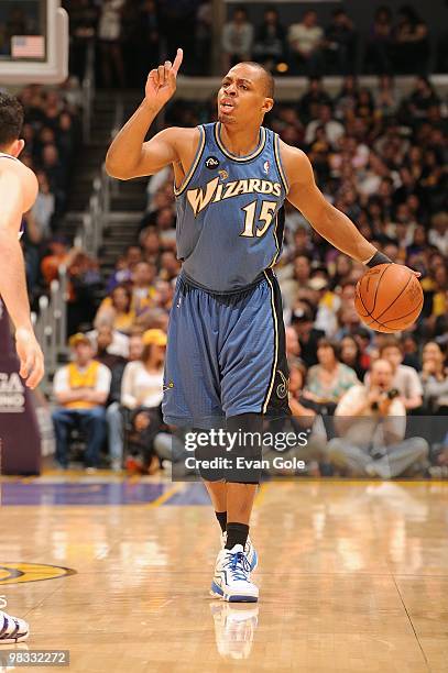 Randy Foye of the Washington Wizards sets the play against the Los Angeles Lakers during the game on March 21, 2010 at Staples Center in Los Angeles,...