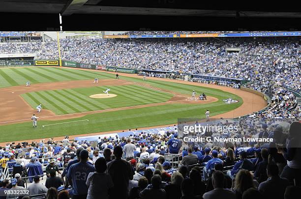 General view of Kauffman Stadium taken during the season opener between the Kansas City Royals and the Detroit Tigers on April 5, 2010 at Kauffman...