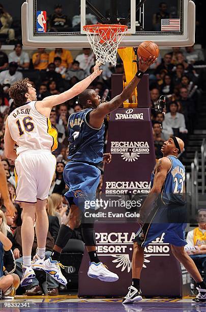 Andray Blatche of the Washington Wizards goes to the basket against Pau Gasol of the Los Angeles Lakers during the game on March 21, 2010 at Staples...